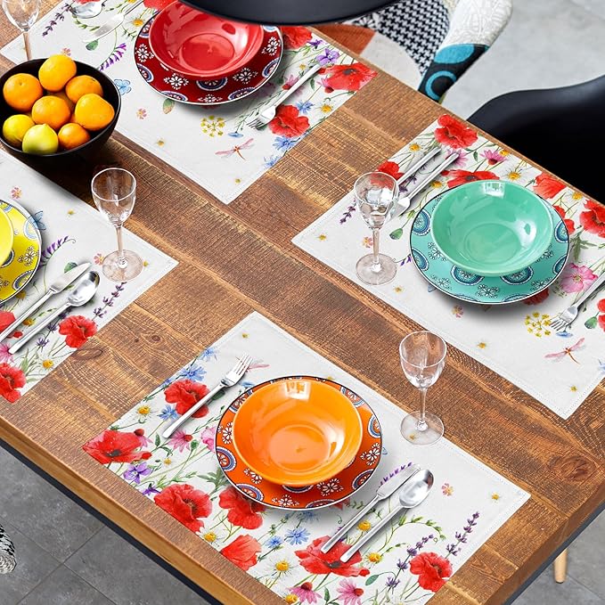 Red Poppy Floral Spring Place Mats Set of 4,Summer Flowers Leaves Place Mats Seasonal Table Mats for Party Kitchen Dining Decoration 12x18 Inch