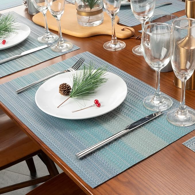 Winknowl Placemats, Set of 8 Heat Resistant Stain Resistant Woven Vinyl Insulation Placemats, Durable Washable Elegant Table Mats for Dining (Blue)