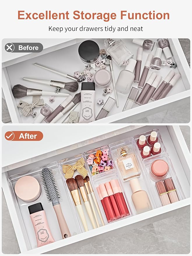 SMARTAKE 25-Piece Drawer Organizer with Non-Slip Silicone Pads, 4-Size Desk Drawer Organizer Trays Storage Tray for Makeup, Jewelries, Utensils in Bedroom Dresser, Office and Kitchen (Clear)