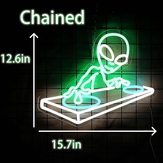Alien DJ Neon Sign DJ Gifts for Men Cave Cool LED Neon Light for Music Bar Wall Decor Dimmable LED Signs for Game Room Bedroom Decor Bar Music Concert Wall Art 15.7 * 12.6IN