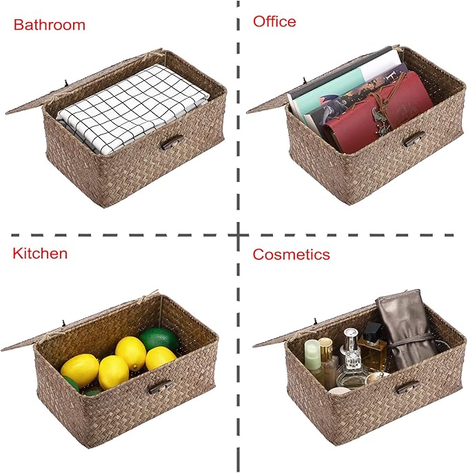 Hipiwe Wicker Shelf Baskets Bin with Lid, Handwoven Seagrass Basket Storage Bins Rectangular Household Basket Boxes for Shelf Wardrobe Home Organizer, Coffee Small