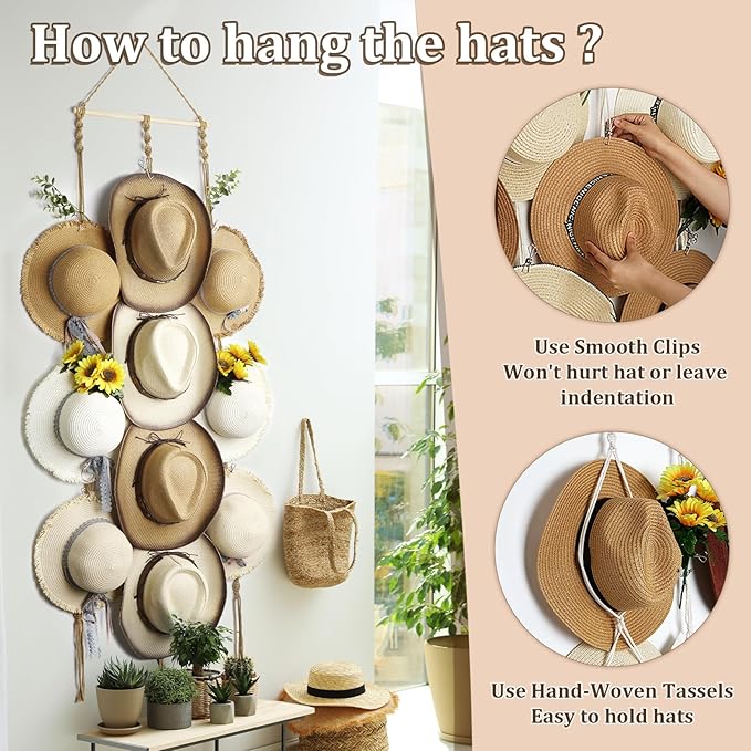 Hat Organizer for Wall Mount 15x53in Boho Hat hanger with 10 Clips Macrame Hat Rack for Wide Brimmed Hat Display Women Hat Holder Western Decor for Fedora Cowboy Beach Hat Brown