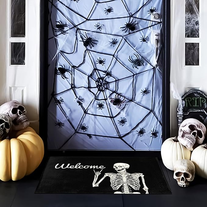 Funny Halloween Skull Doormat 17" x 29" Non-Slip Indoor Outdoor Skull Welcome Mat with Spooky Skull Design for Front Door, Porch, Kitchen, or Entryway Decor