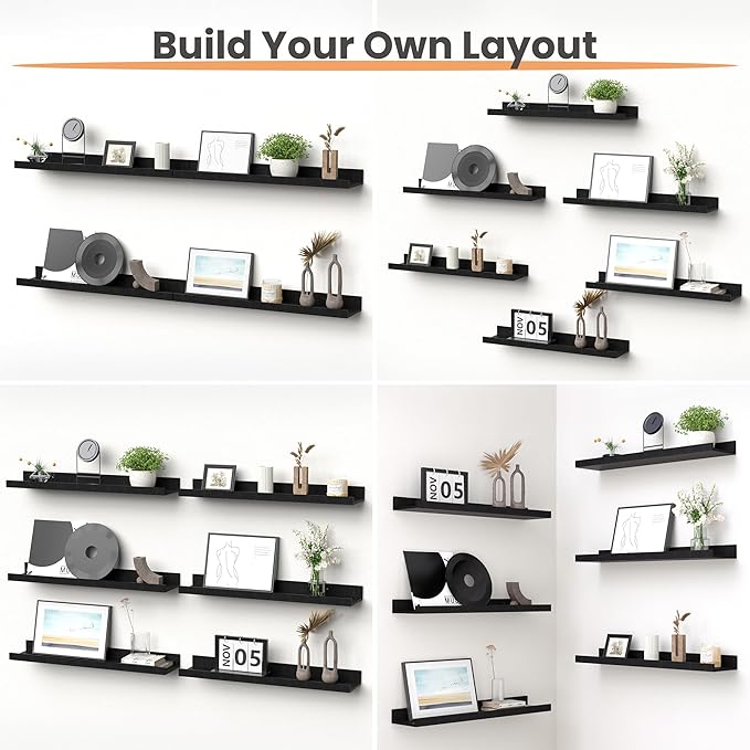 upsimples Floating Shelves for Wall, Wall Shelves for Decor Storage Set of 6, Wall Mounted Wood Shelves for Bedroom, Living Room, Bathroom, Kitchen, 23.6 inch Long Picture Ledge Shelves, Black