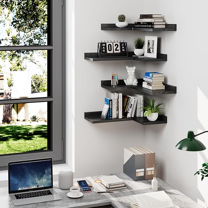 4-Tier Corner Floating Shelves, Rustic Pine Corner Shelves Wall Mounted, L-Shaped Floating Corner Shelves for Wall Storage, Creative Corner Wall Shelves for Bedroom,Bathroom&Any Room-Black