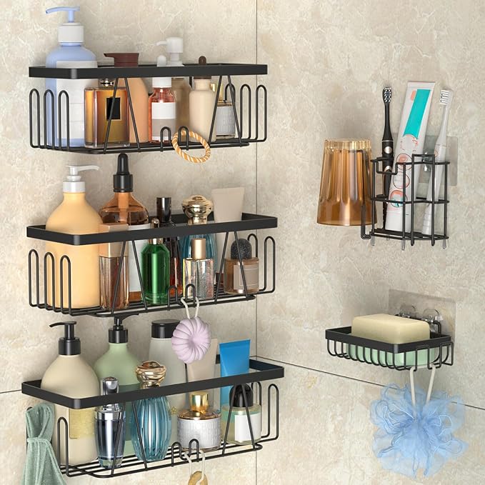 STEUGO Adhesive Shower Shelf - 5 Pack Drill-Free Shower Caddy with Soap and Toothbrush Holder, Rustproof Stainless Steel Black