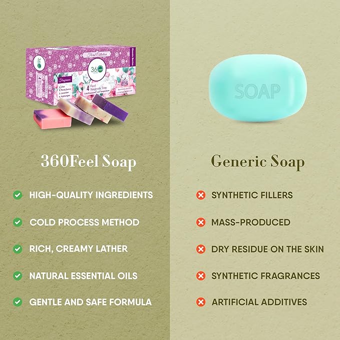 360Feel Floral Handmade Soap Gift Set - Nourishing and Hydrating Bar Soaps - Infused with Four Elegant Scents - Lavender, Lilac, Hydrangea, and Petal Dance Scents - Suitable Gift - Set of 4
