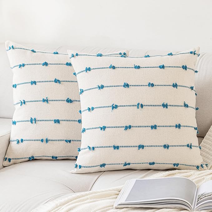 Boho Throw Pillow Covers 18x18 Set of 2 Modern Farmhouse Decorative Cushion Case Tufted Linen Square Pillows Cover Neutral Pillow Cases Accent Pillowcase for Sofa,Couch,Bed,Beige and Blue