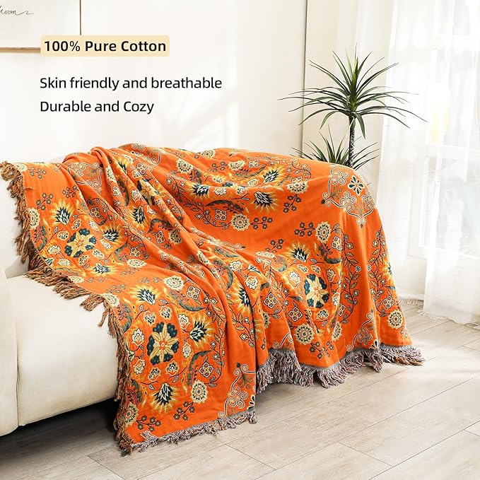 Boho Throw Blanket, 100% Cotton Muslin Breathable Soft Bed Throw - Floral Farmhouse Decor Blanket for Sofa Couch Chair and Gift. 60" x 80"- Orange