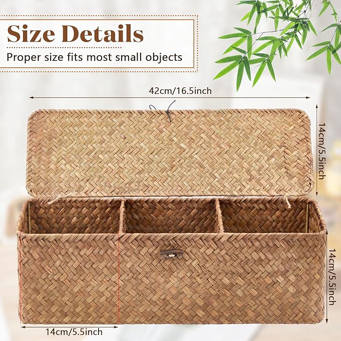 Cunhill 2 Pieces Seagrass Baskets with Lid Toilet Paper Basket with Lid Rectangular Hand Woven Wicker Bin Storage Box for Toilet Dresser Shelves Organizing(16.54 x 5.51 x 5.51 Inches,Khaki)