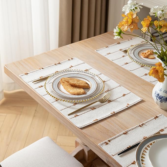 Boho Placemats Set of 4 for Dining Table Decor, Woven Cloth Place Mats for Farmhouse Rustic Kitche Home Decor, Cotton Placemats 13 x 19 Inch, Brown and Beige Table mats