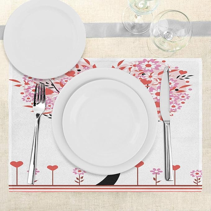 Ambesonne Valentine Place Mats Set of 4, Heart Shaped Tree Daisies Wildflowers Red Leaves Forest Romance Season Image, Washable Fabric Placemats for Dining Table, Standard Size, Pink Red