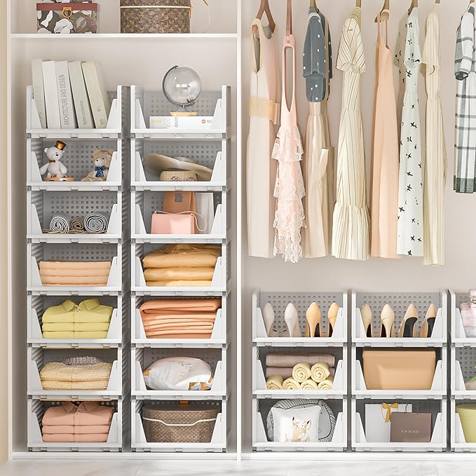 Neprock Clothes Organizers and Storage, 5 Pack Stackable Plastic Bins, Foldable Closet Organizers Drawers for Clothing storage (5L)(White)