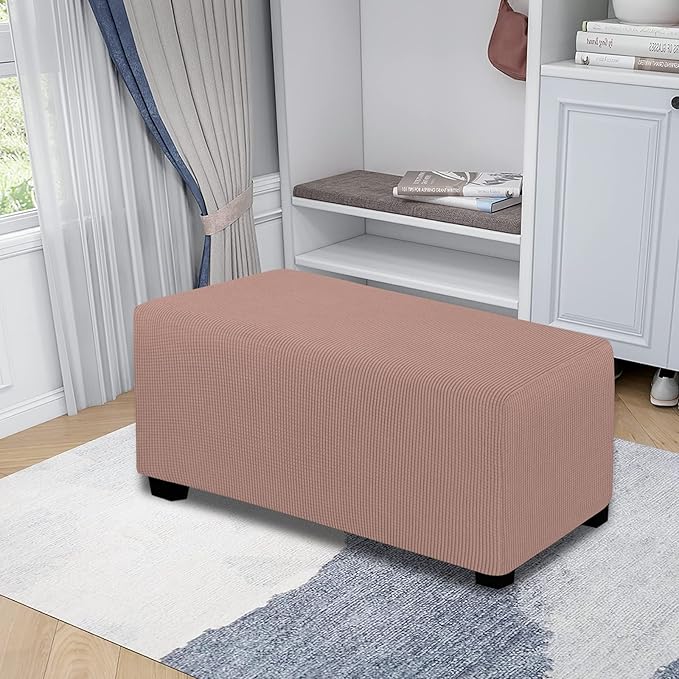 Easy-Going Stretch Ottoman Cover Folding Storage Stool Furniture Protector Soft Rectangle slipcover with Elastic Bottom(Ottoman Large,Pink)