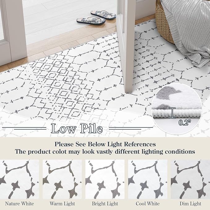 Lahome Moroccan 8x10 Rugs for Living Room - Non-Slip Washable Ultra-Thin Large Rug for Dining, Modern Geometric Print Indoor Soft Carpet for Bedroom Office, White