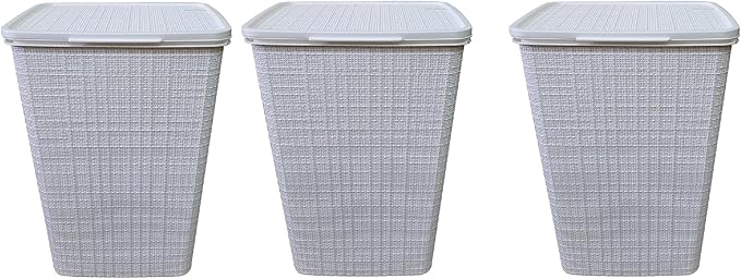 YBM Home Plastic Rattan Laundry Hamper Basket with Hinged Lid, Ventilation Holes, Durable, Lightweight Bin With Cutout Handles, Storage Dirty Clothes, Space Saver, 16.75" x 13.5" x 23.75",White,3-Pack