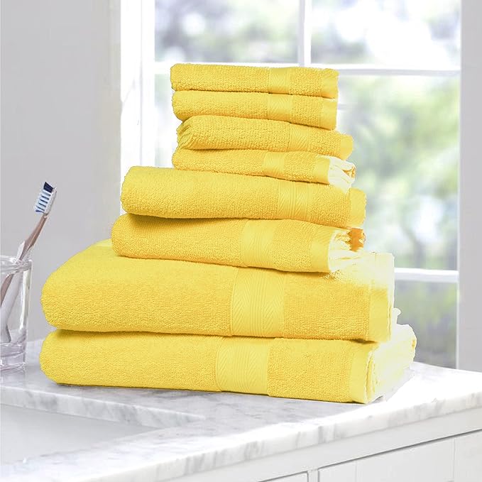 BOUTIQUO 8 Piece Towel Set 100% Ring Spun Cotton, 2 Bath Towels 27X54, 2 Hand Towels 16X28 and 4 Washcloths 13X13 - Ultra Soft Highly Absorbent Machine Washable Hotel Spa Quality - Lime Yellow