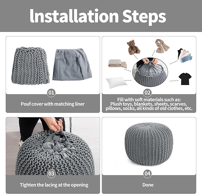 HOMBYS Unstuffed Ottoman Pouf Cover, 100% Cotton Handmade Knitted Ottoman Pouf Cover Round Foot Stool, Floor Bean Bag Chair, Foot Rest Storage for Living Room Bedroom, Light Grey(Cover ONLY NO Filler)