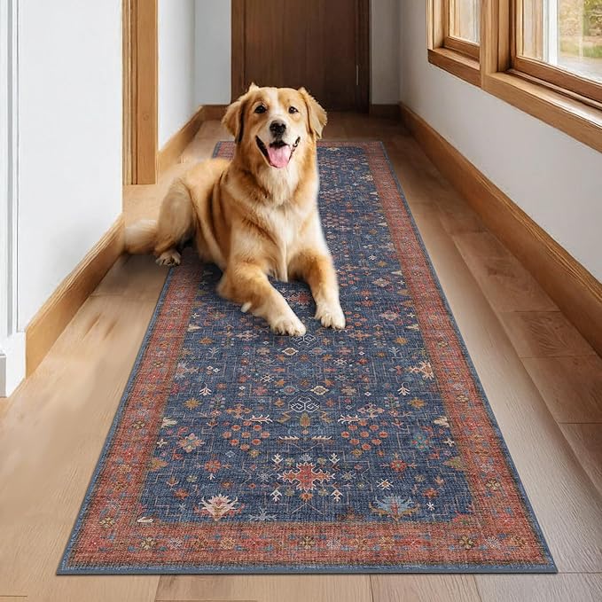 Washable 10 ft Long Runner for Kitchen Floor - Navy Blue Hallway Runner Rug, Pet Friendly Waterproof Non Slip with Rubber Backing, Stain Resistant Laundry Room Rug (3x10 Navy Blue & Terracotta)