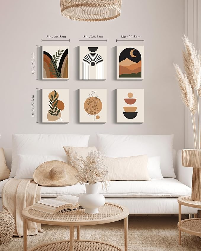 Drsoum Boho Wall Decor Minimalist Bohemain Wall Art Mid Century Modern Abstract 𝗙𝗿𝗮𝗺𝗲𝗱 Room Decor Moon Phases Wall Painting For Bedroom Home Decor Set of 6, 8x10in (Framed)