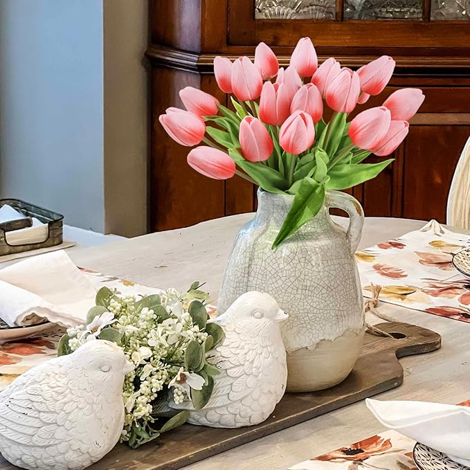 Beferr 18pcs Tulips Artificial Flowers Faux Tulip Real Touch Tulip Fake Flowers Bouquets Arrangements for Mothers Day Spring Easter Wedding Home Table Decor Coral Pink