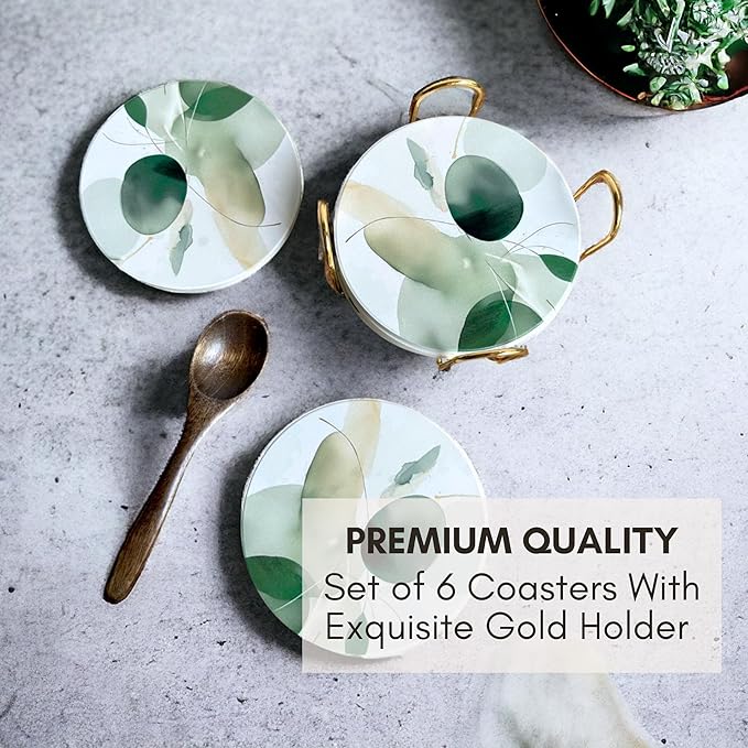 Ceramic Absorbent Coasters Set of 6 with Holder, Marble Drink Coasters for Coffee Table, Water Absorbing Coaster (Sage Blots)