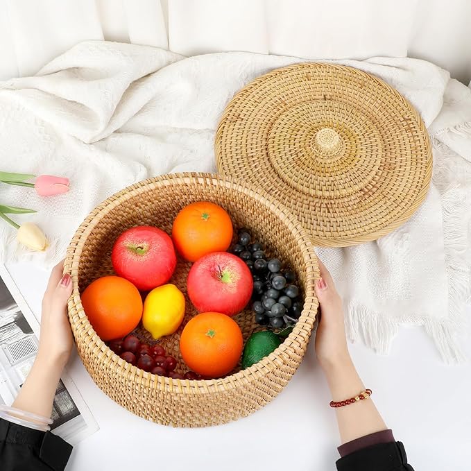 Hipiwe Round Rattan Boxes with Lid Woven Wicker Storage Basket Bin Decorative Shelf Baskets Multi-Purpose Household Organizer Lidded Basket for Storage Rattan Box, 11.9 x6 inch