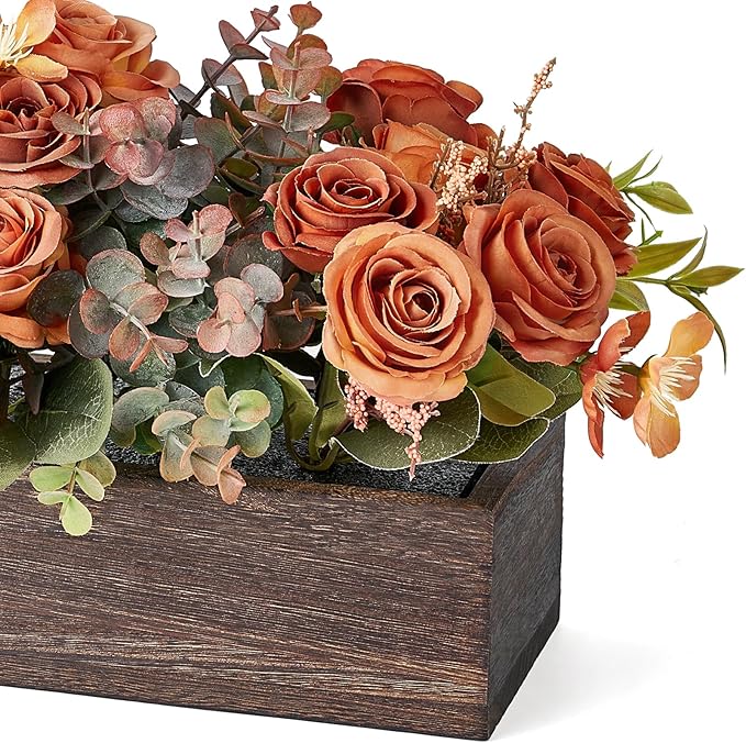 Dahey Centerpiece Table Decorations for Dining Room Farmhouse Living Room Table Centerpieces Decor Wood Tray with 3 Artificial Flowers and 2 Eucalyptus for Kitchen Table, 14.1" x 4.7" x 3.1", Orange