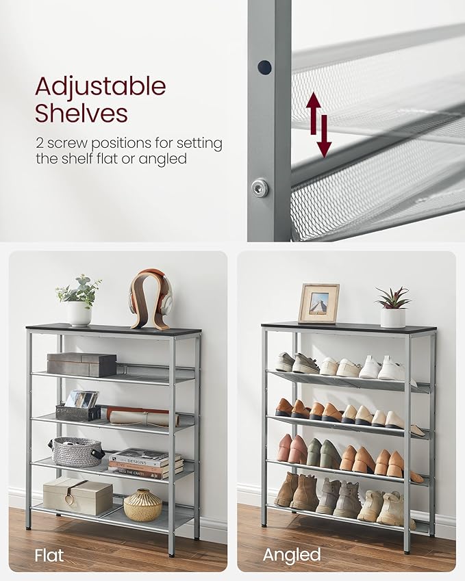 VASAGLE Shoe Rack for Entryway, 5-Tier Shoe Rack Organizer with Storage Shelves and Spacious Top, Freestanding, Adjustable, Industrial, Charcoal Grey and Metallic Silver ULBS038E22