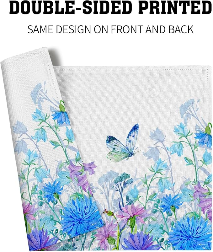Blue Purple Floral Placemats for Dining Table Set of 4, Butterfly Decoration Spring Seasonal Washable Table Mats for Home Party Kitchen Indoor 12 x 18 Inch