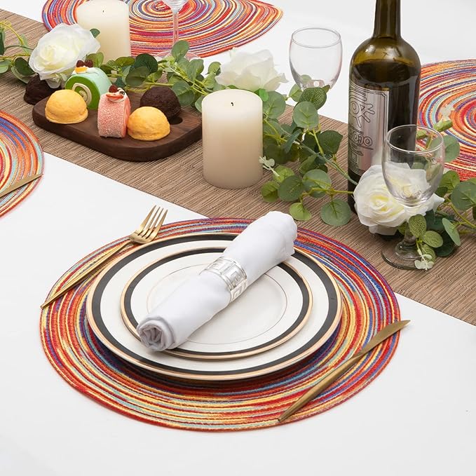 SHACOS Round Braided Placemats Set of 4 Variegated Colorful Placemats for Dining Tables Holiday Party Decor (Rainbow Red, 4)