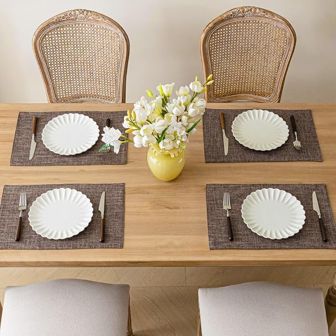 Placemats Set of 8, Bilayer Thickened Linen Place Mats Heat Resistant Machine Washable Wrinkle Free Carefully Selected Polyester Mats for Kitchen/Dining/Coffee Table (Burlap)