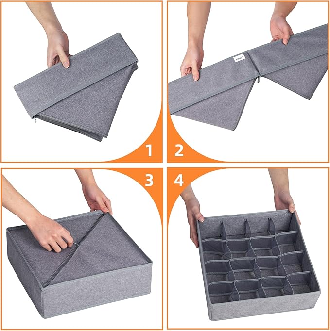 Criusia 3 Pack Sock Underwear Organizer Dividers, 64 Cell Drawer Fabric Foldable Cabinet Closet Storage Boxes for Storing Socks, Underwear, Ties (16+24+24 Cell, Gray)