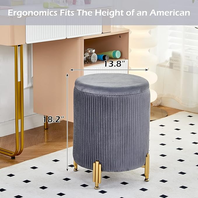Mxfurhawa Round Ottoman Foot Stool with Storage and Metal Legs for Living Room Bedroom, Velvet Upholstered Footrest Stool Support 300lbs Modern Padded Seat Ottoman Coffee Table (Grey)