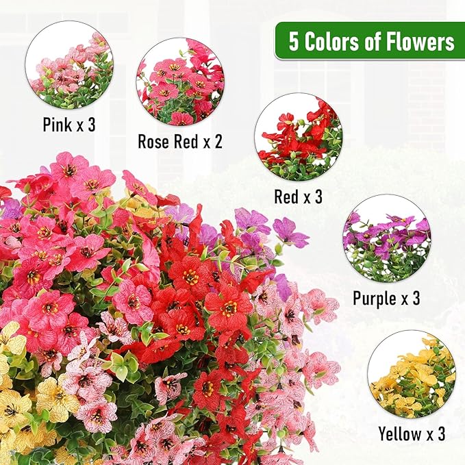 Artificial Flowers Outdoor, Faux Silk Flowers Plastic Plants for Outdoors Indoor Outside Front Porch Hanging Planter Window Box Garden Home Decoration, 14 Bundles (Mix)
