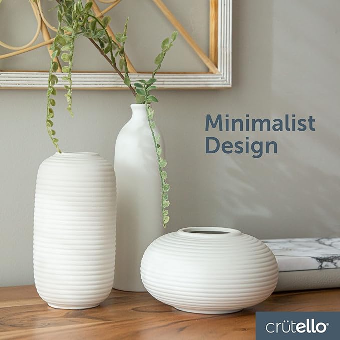 Crutello Ceramic Vase Set - Set of 3 Small White Vases - Perfect for Living Room, Kitchen, Bookshelf, or Entryway Decor