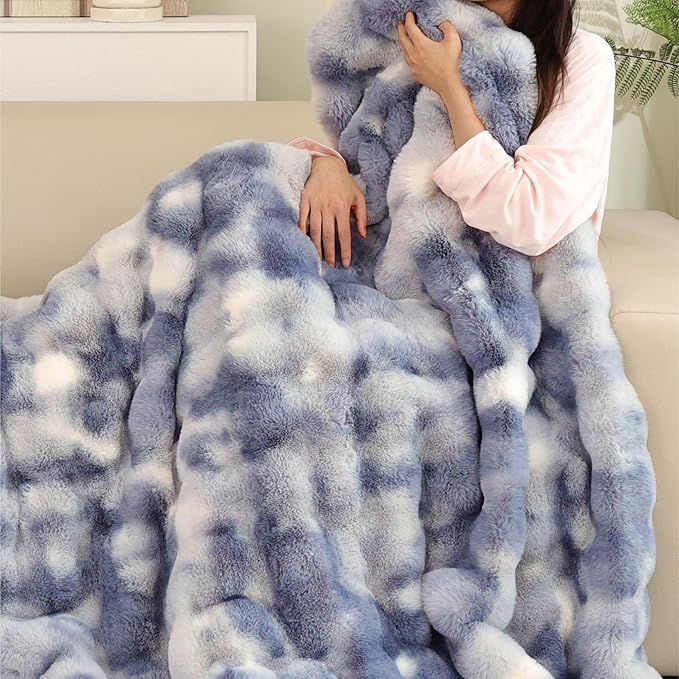 Tie-dye Blue Cozy Faux Fur Throw Blanket for Couch Bed Living Room 60x80 Furry Soft Fluffy Thick Warm Blanket for Winter Home Gifts 860 GSM
