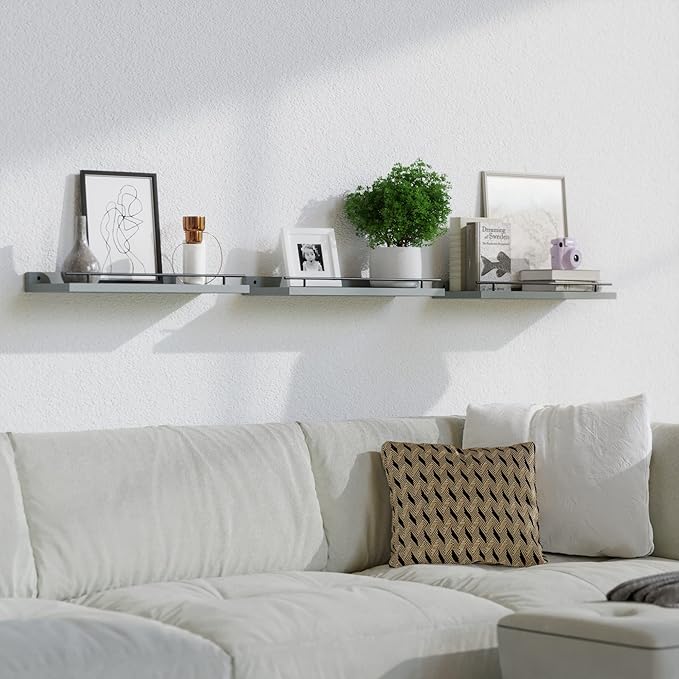 WOPITUES Floating Shelves with Black Metal Guardrail, Shelves for Wall Decor Set of 3, Wall Shelves for Bedroom, Bathroom, Kitchen, Living Room, Plants, Picture Frames, Art- Grey