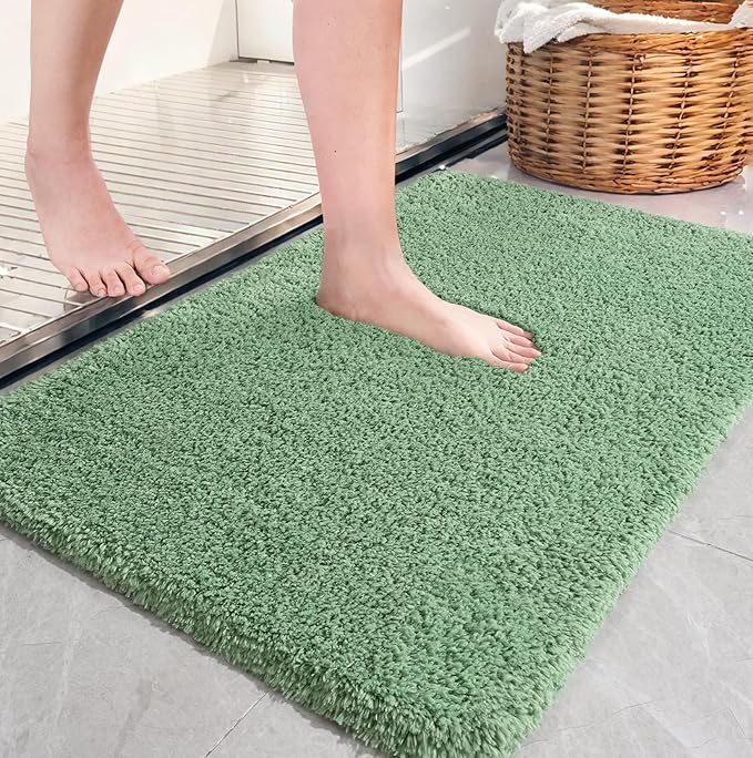 AROGAN Luxury Long Bathroom Runner Rug, 24x36 Inch Thick Soft and Absorbent Microfiber Non Slip Bath Mat, Rubber Backing Quick Dry Rugs Carpets, Machine Washable Plush Mats for Shower Floor, Green