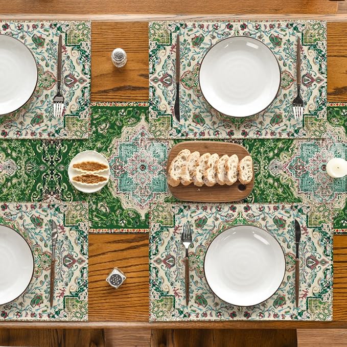 Artoid Mode Boho Placemats Set of 4, Daily Green Floral Bohemian Fall Table Mats for Home Party Dining Decoration 12x18 Inch