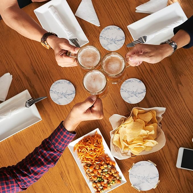 Coasters for Drinks Set of 4, Absorbent Ivory Marble Style with Metal Golden Holder, Ceramic Coaster Set Cup Mat for Home Decor, Bar, Kitchen, Party