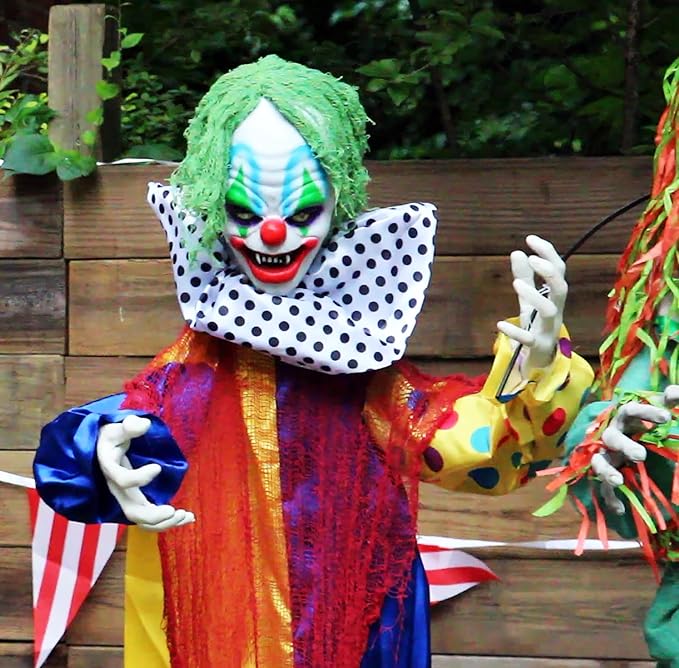 Haunted Hill Farm Life-Size Scary Talking Clown Halloween Animatronic with Motion and Touch Activated Lights and Sounds, Battery Operated Indoor or Covered Outdoor Creepy Halloween Decorations