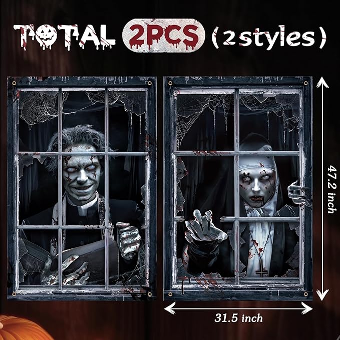 2 Pcs Halloween Scary Curtain Halloween Window Silhouette Decoration Blood Ghost Window Cover Horror Theme Poster for Indoor Outdoor Party Wall Garage Door Decor(Zombies and Ghost)