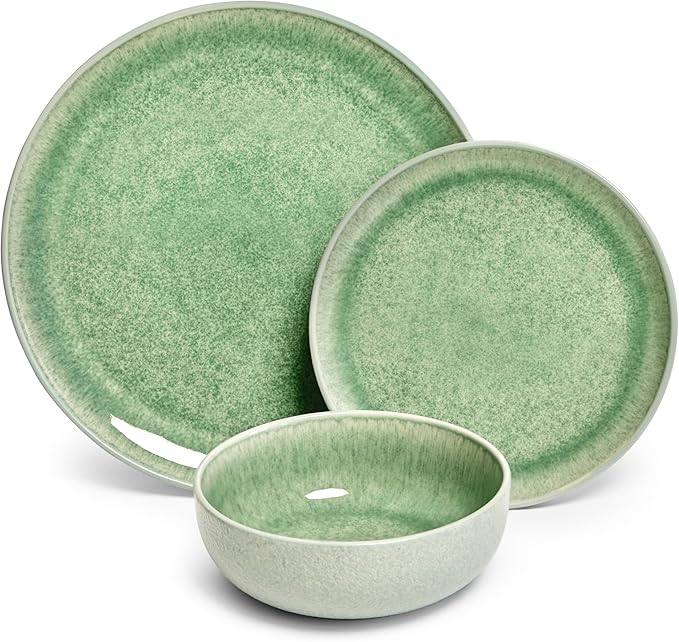 Sango Asher 12-Piece Stoneware Dinnerware Set – Service for 4, Modern Green with Reactive Glaze, Perfect for Everyday Dining & Entertainment, Microwave & Dishwasher Safe