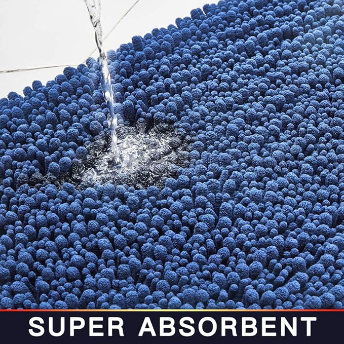 Walensee Bathroom Rug Non Slip Bath Mat (36x24 Inch Dark Blue) Water Absorbent Super Soft Shaggy Chenille Machine Washable Dry Extra Thick Perfect Absorbant Best Large Plush Carpet for Shower Floor