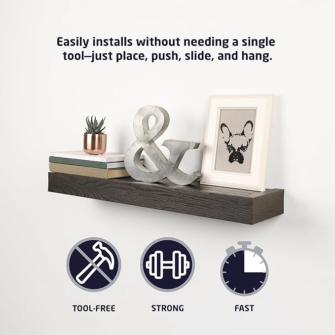 HIGH & MIGHTY 515659 Modern 24" Floating Shelf Holds up to 20lbs, Easy Tool-Free Dry Wall Installation, Flat, eCommerce Packaging, Espresso