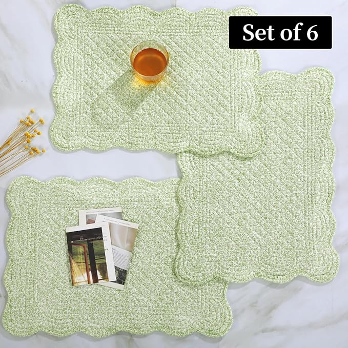 HOMBYS Quilted Placemats Set of 6 Washable-13x18 inches Rectangular Placemats for Kitchen Table-100% Cotton Fabric Rectangular Table Mats, (White with Light Green)