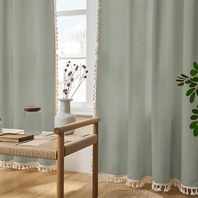 Joydeco Custom Boho Curtains - 1 Panel, Super Soft Light Filtering Country Rustic Semi Sheer Curtains for Bedroom & Living Room, Greyish Green