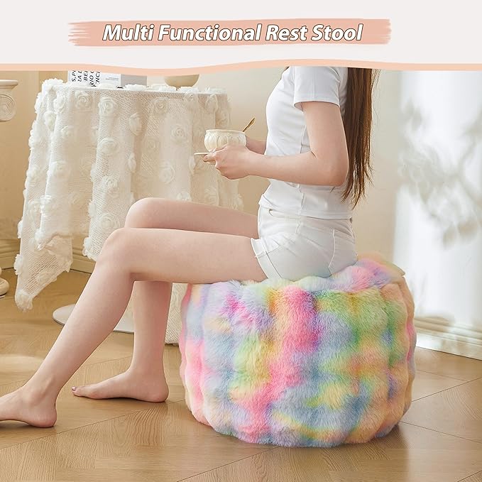 LIFEREVO Faux Rabbit Fur Round Inflatable Pouf Ottoman, 20" X 16" Waffle Bubble Floor Poufs Foot Stool Rest Anti-Slip Living Room Bedroom, Tie Dye Furry Foldable Ottoman Seat Home Decor, Rainbow
