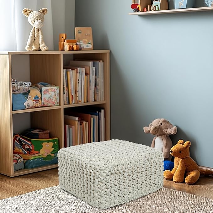 COTTON CRAFT Braided Footrest - Handknitted Cotton Cord Dori Foot Stool Ottoman - Low Floor Pouf - Lightweight Portable - Small Spaces Living Room Bedroom Entryway Under Desk - 14 x 8 Square - Ivory